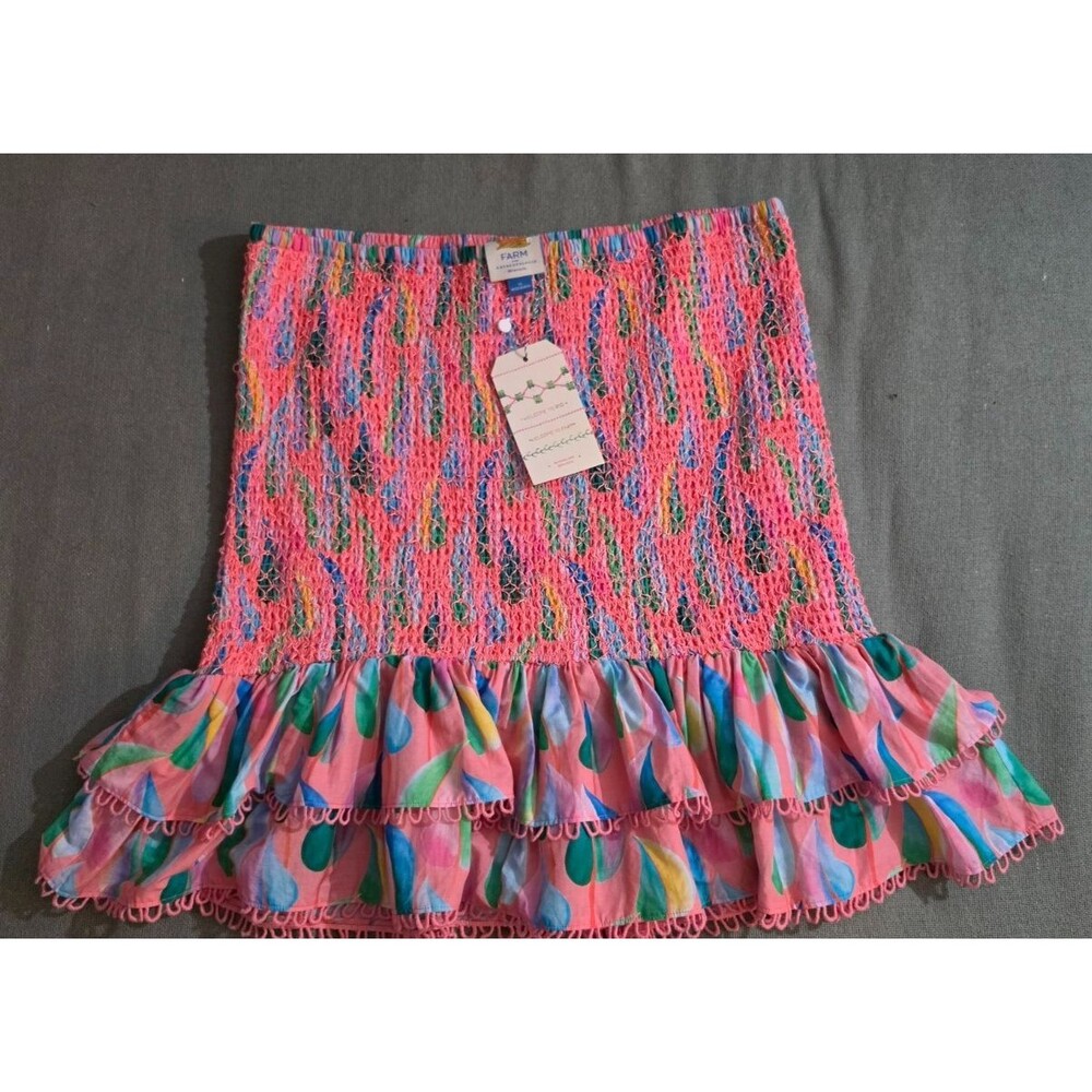 FARM Rio Anthropologie XL Pink Floral Smocked Mini Skirt Ruffle Crochet NWT